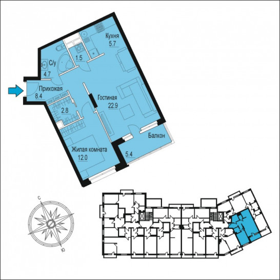 Двухкомнатная квартира 60.9 м²
