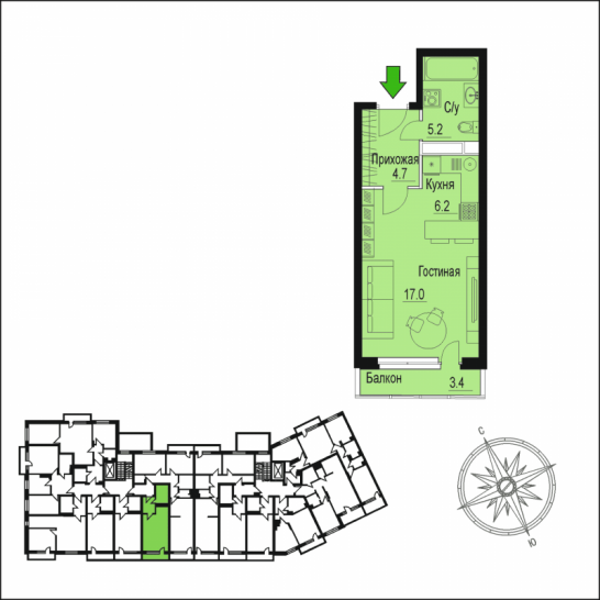 Студия 34.4 м²