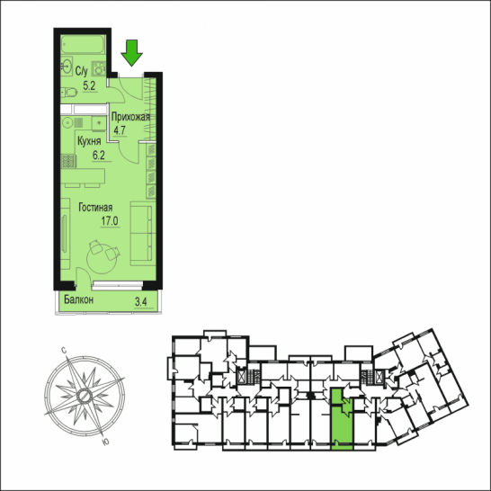 Студия 34.1 м²