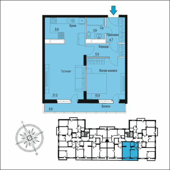 Двухкомнатная квартира 61.4 м²