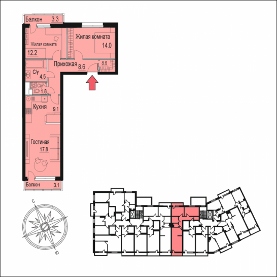 Трёхкомнатная квартира 71.9 м²